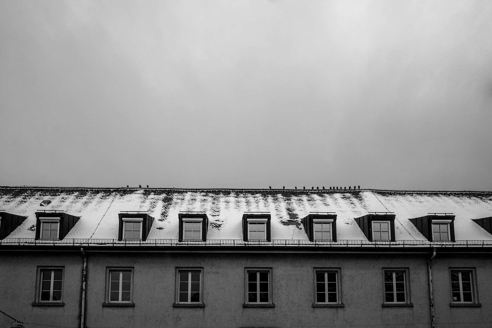 Toiture à la Mansart percée d’une rangée de lucarnes, sous un ciel gris