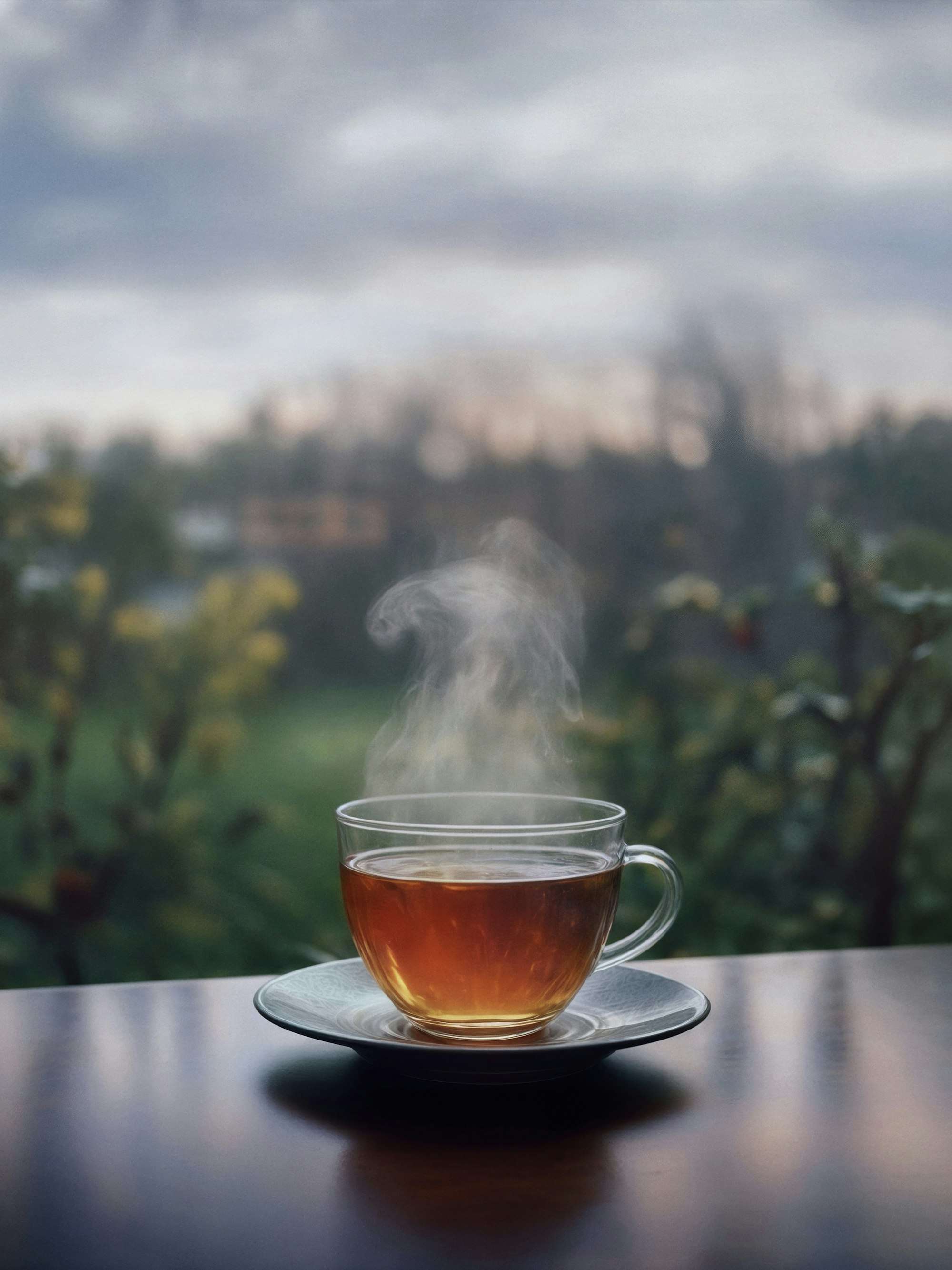 Tasse de thé fumante devant un jardin au crépuscule